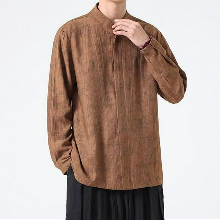 Buddha Stones Minimalistisches Langarmhemd im Spring Tang Style mit Stehkragen und abstraktem Design für Herren - image 7