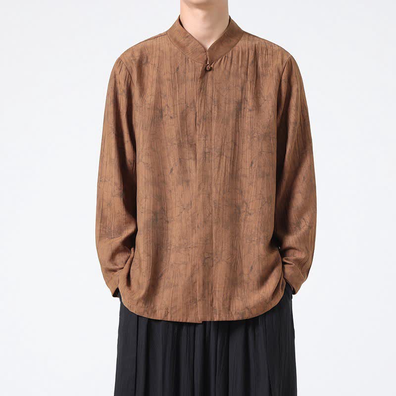 Buddha Stones Minimalistisches Langarmhemd im Spring Tang Style mit Stehkragen und abstraktem Design für Herren - Sienna - US/UK/AU46, EU56 (5XL) - image 6