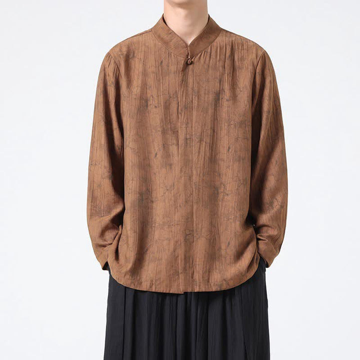 Buddha Stones Minimalistisches Langarmhemd im Spring Tang Style mit Stehkragen und abstraktem Design für Herren - Sienna - US/UK/AU46, EU56 (5XL) - image 6