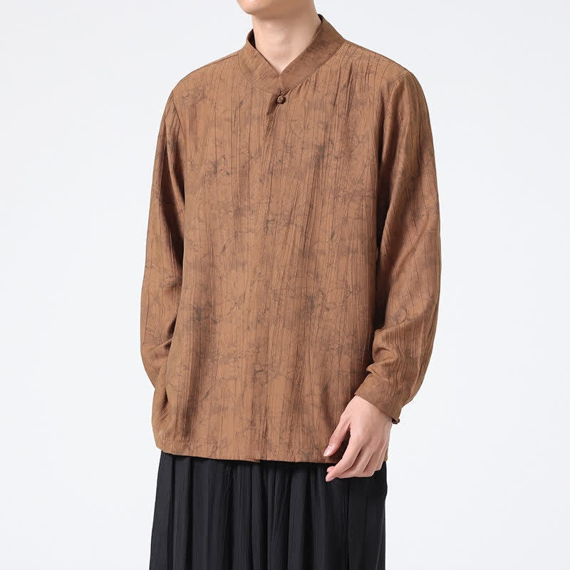 Buddha Stones Minimalistisches Langarmhemd im Spring Tang Style mit Stehkragen und abstraktem Design für Herren - image 8