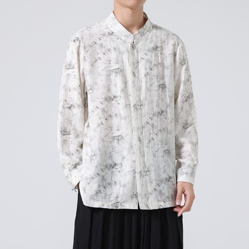Buddha Stones Minimalistisches Langarmhemd im Spring Tang Style mit Stehkragen und abstraktem Design für Herren - Weißer Rauch - US/UK/AU46, EU56 (5XL) - image 0
