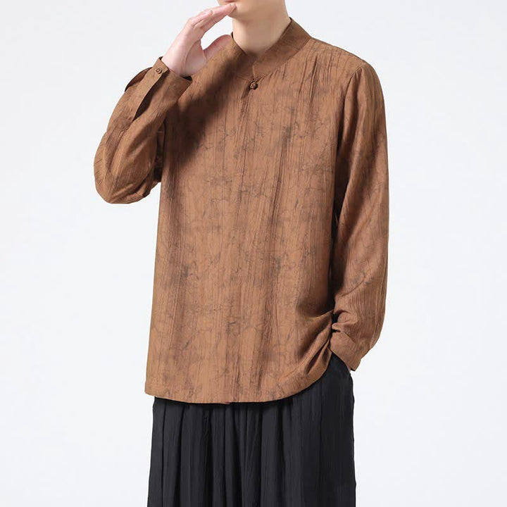 Buddha Stones Minimalistisches Langarmhemd im Spring Tang Style mit Stehkragen und abstraktem Design für Herren - image 9