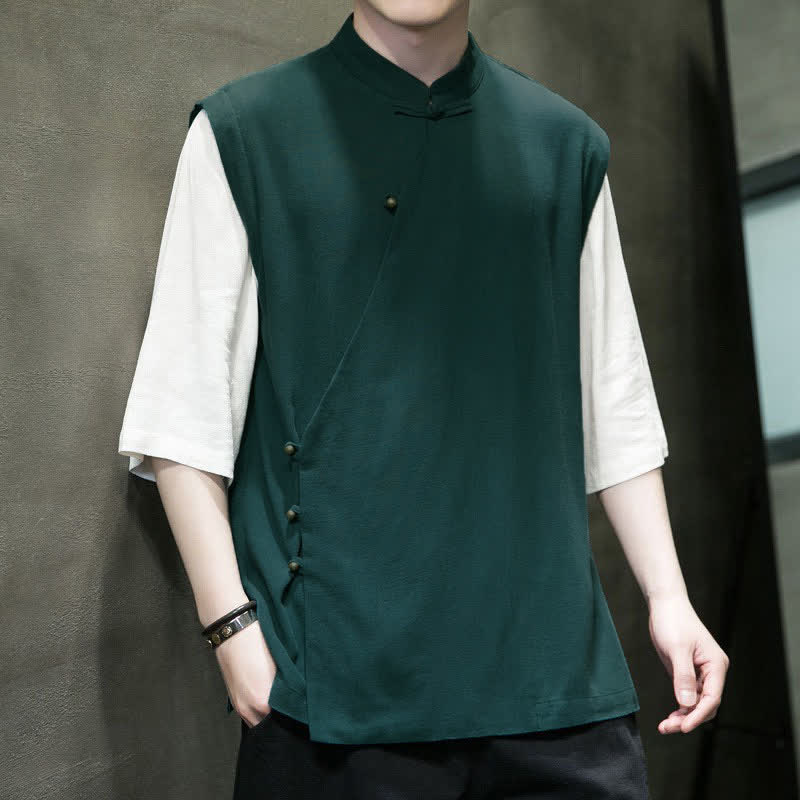 Buddha Stones Sommerliches Tanktop im Tang-Stil, lässig, mit Stehkragen und Froschknopfleiste, Kurzarmhemd für Herren - image 1