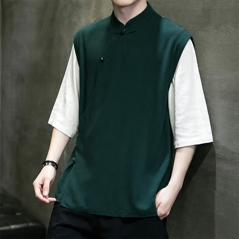 Buddha Stones Sommerliches Tanktop im Tang-Stil, lässig, mit Stehkragen und Froschknopfleiste, Kurzarmhemd für Herren - image 2