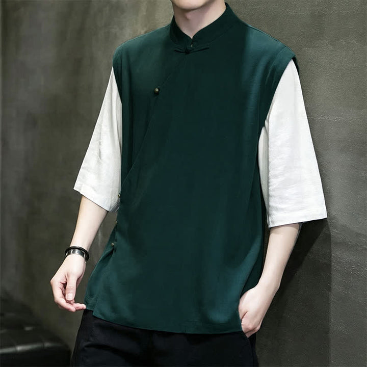 Buddha Stones Sommerliches Tanktop im Tang-Stil, lässig, mit Stehkragen und Froschknopfleiste, Kurzarmhemd für Herren - image 2
