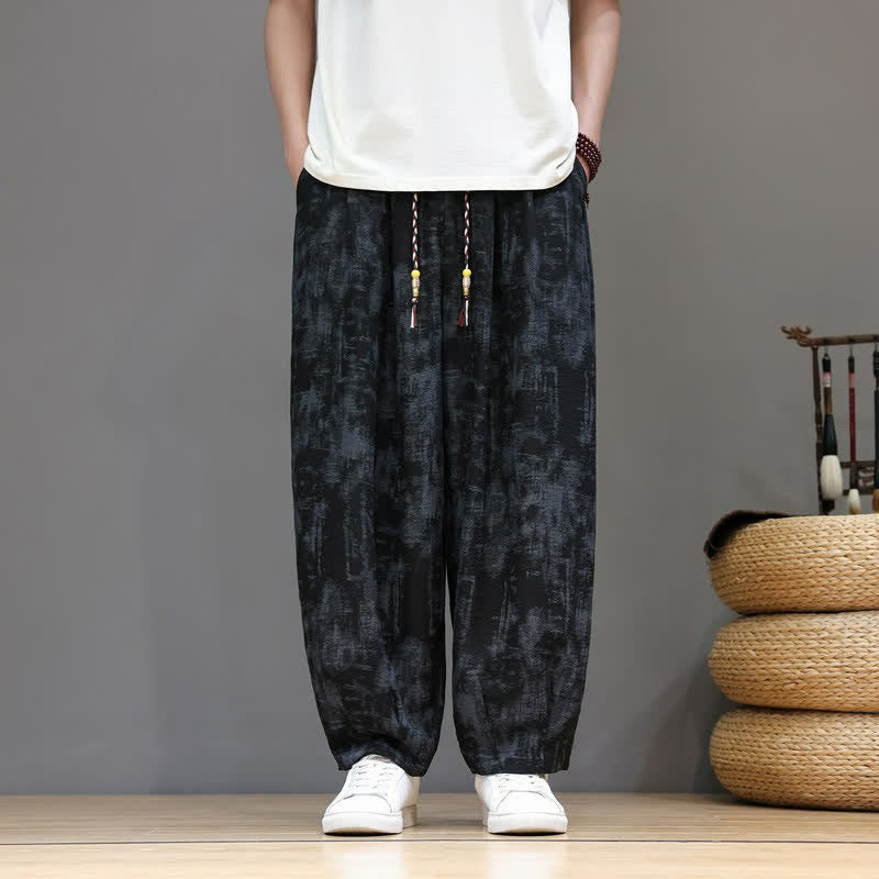 Buddha Stones Lässige Vintage-Herrenhose mit Kordelzug, gewaschenem, abstraktem Muster und geradem Bein mit Tasche – ideal für Frühling und Sommer. - Schwarz - US/UK/AU52, EU62 (8XL) - image 0