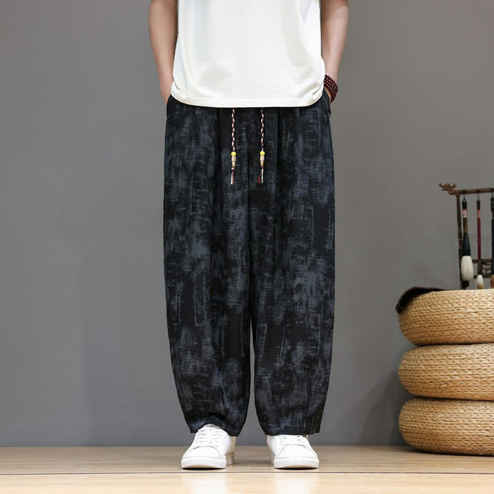 Buddha Stones Lässige Vintage-Herrenhose mit Kordelzug, gewaschenem, abstraktem Muster und geradem Bein mit Tasche – ideal für Frühling und Sommer. - Schwarz - US/UK/AU52, EU62 (8XL) - image 0