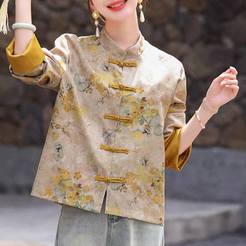 Buddha Stones Herbstliche Vintage-Damenjacke im Tang-Stil mit Froschknöpfen, goldenem Blumenmuster - image 1