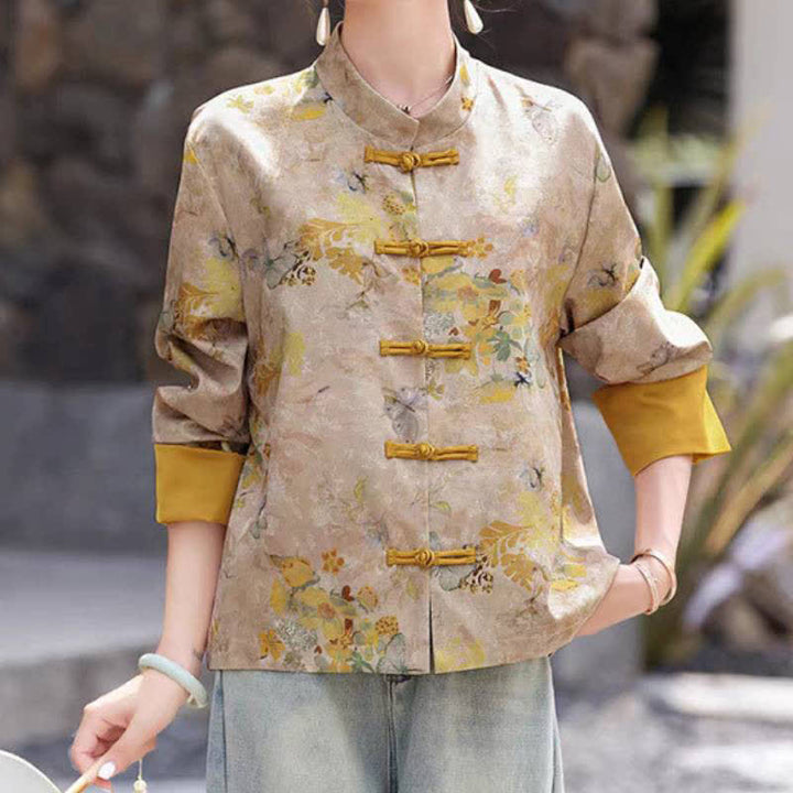 Buddha Stones Herbstliche Vintage-Damenjacke im Tang-Stil mit Froschknöpfen, goldenem Blumenmuster - Goldrute - US 8-10, UK/AU 12-14, EU 40-42 (2XL) - image 0