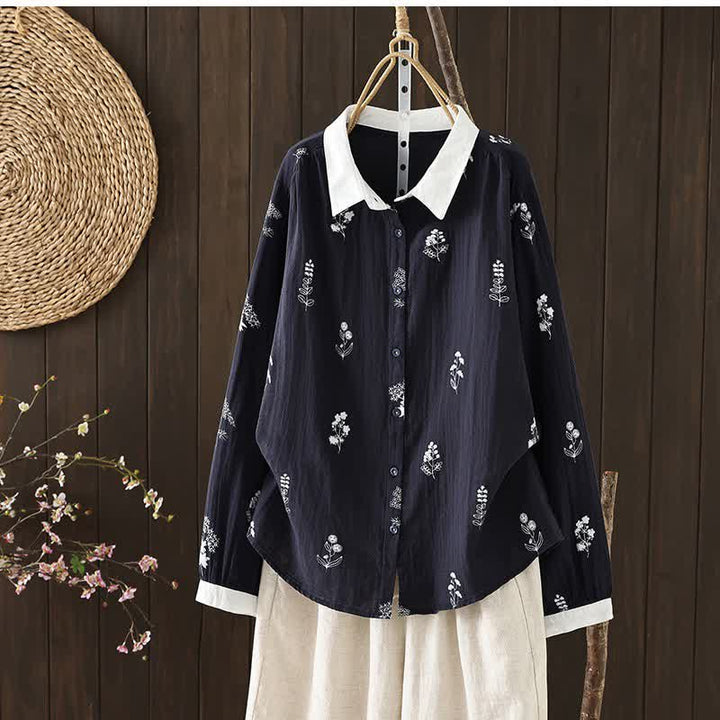 Buddha Stones Lässige Vintage-Damenblusen mit Knopfleiste und Blumenmuster für Frühling und Herbst - Marine - US12, UK/AU16, EU44 (3XL) - image 0