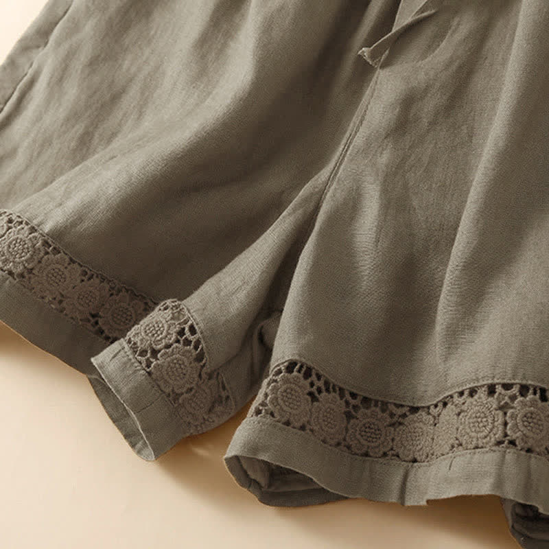 Buddha Stones Damen-Shorts aus Baumwolle mit einfarbiger Unterseite, hohlem Spitzendesign und Schnürung und Taschen - image 13