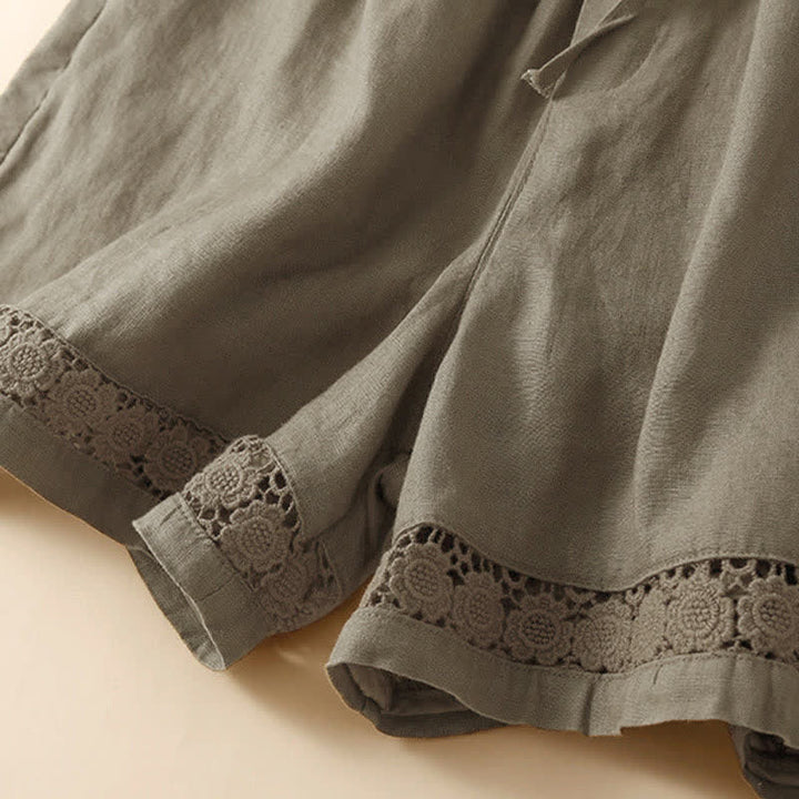 Buddha Stones Damen-Shorts aus Baumwolle mit einfarbiger Unterseite, hohlem Spitzendesign und Schnürung und Taschen - image 13