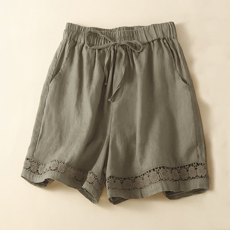 Buddha Stones Damen-Shorts aus Baumwolle mit einfarbiger Unterseite, hohlem Spitzendesign und Schnürung und Taschen - Olive - US12, UK/AU16, EU44 (3XL) - image 9