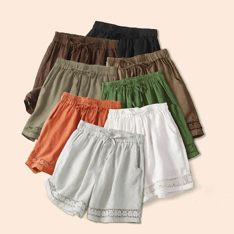 Buddha Stones Damen-Shorts aus Baumwolle mit einfarbiger Unterseite, hohlem Spitzendesign und Schnürung und Taschen - image 55