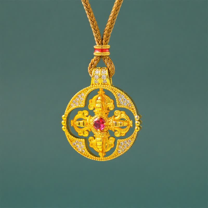 Buddha Stones Runde Halskette mit vergoldetem Messinganhänger „Vajra – Spirituelle Kraft“, rund - Vajra-Rote Perle & Goldenes Seil - image 0