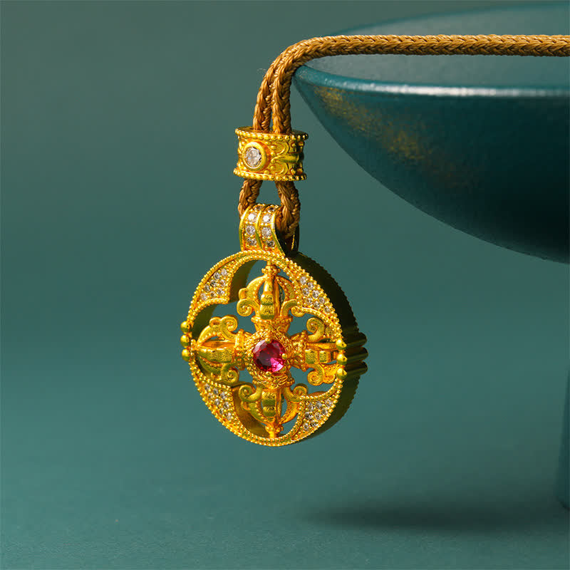 Buddha Stones Runde Halskette mit vergoldetem Messinganhänger „Vajra – Spirituelle Kraft“, rund - Vajra-Goldperlen & Goldseil - image 7