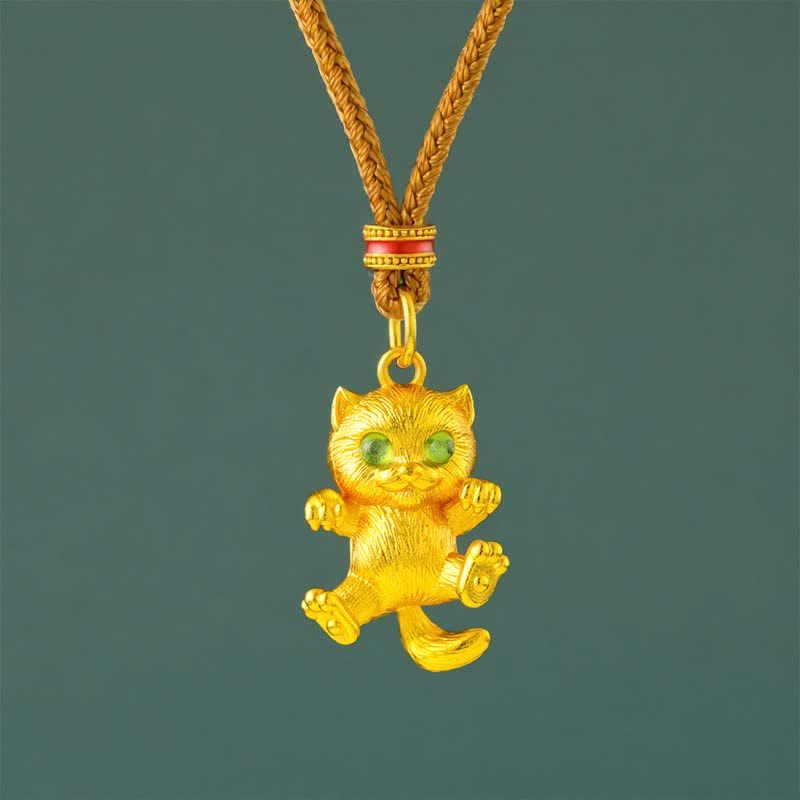 Buddha Stones Halskette mit Anhänger aus vergoldetem Messing, Glückskatze und Erdungssymbol - Goldenes Seil - image 0