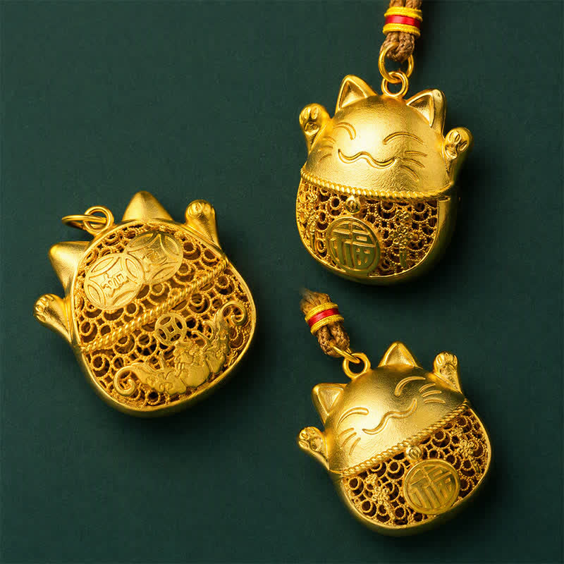 Buddha Stones Halskette aus vergoldetem Messing mit Fu-Figur, Glückskatze und Segenssymbol, geflochtenem Seil - image 8