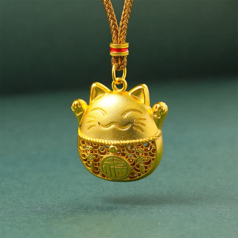 Buddha Stones Halskette aus vergoldetem Messing mit Fu-Figur, Glückskatze und Segenssymbol, geflochtenem Seil - Goldenes Seil - image 0