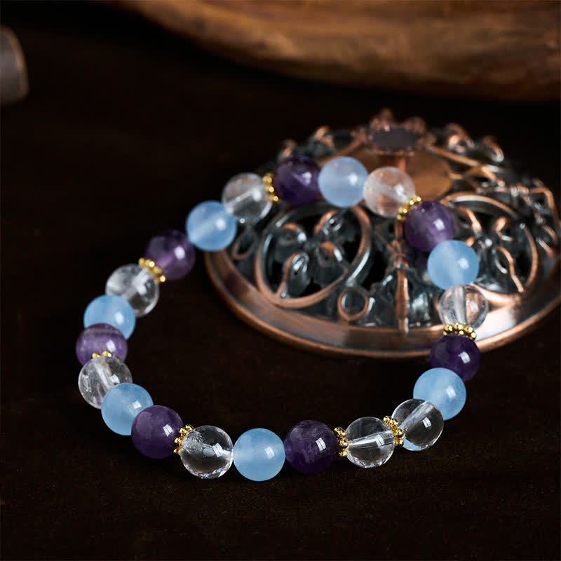 Buddha Stones Schutzarmband aus klaren Quarz-, Amethyst- und blauen Chalcedonperlen - image 3