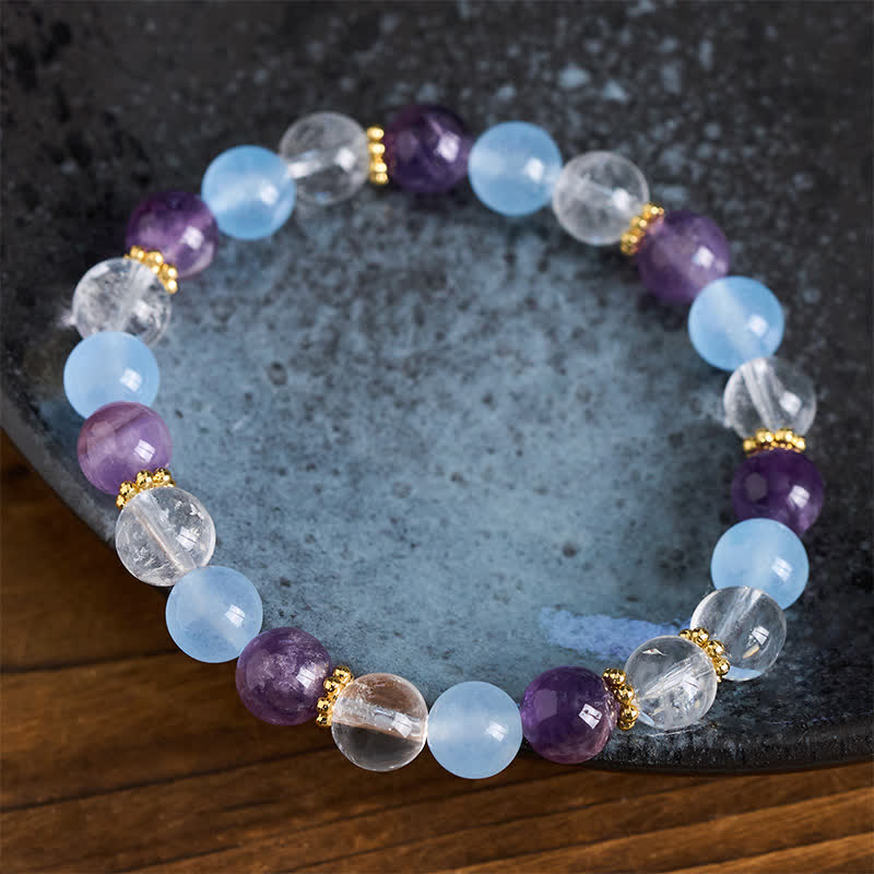Buddha Stones Schutzarmband aus klaren Quarz-, Amethyst- und blauen Chalcedonperlen - image 2