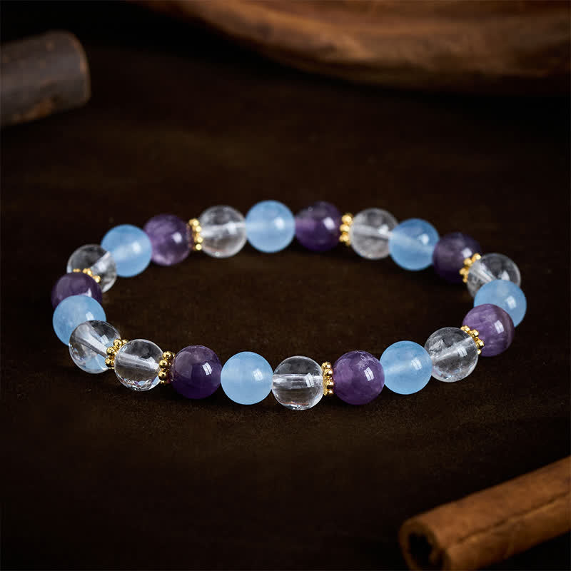 Buddha Stones Schutzarmband aus klaren Quarz-, Amethyst- und blauen Chalcedonperlen - image 1