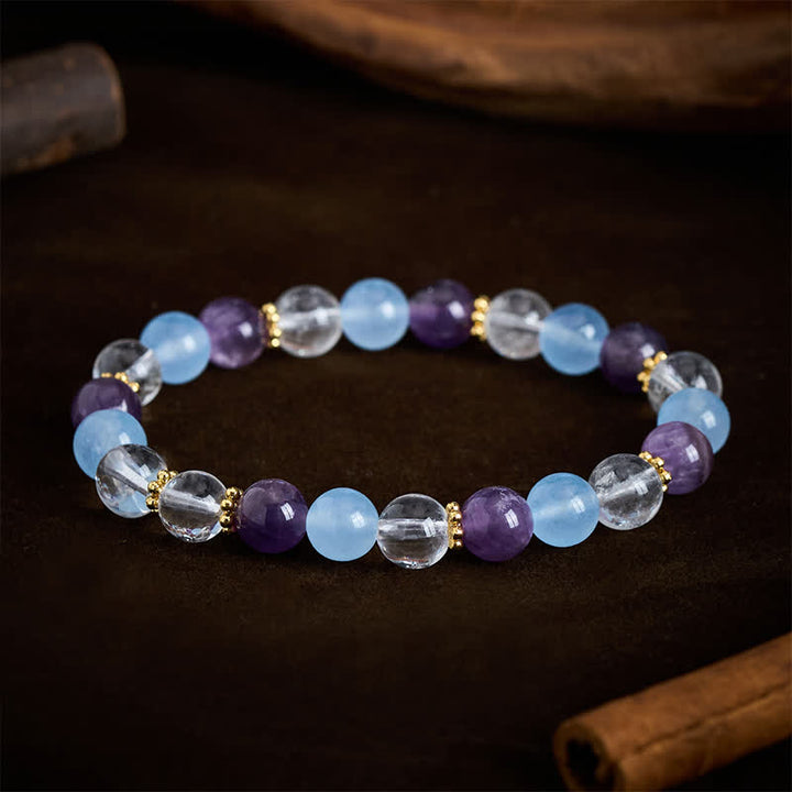 Buddha Stones Schutzarmband aus klaren Quarz-, Amethyst- und blauen Chalcedonperlen - image 1
