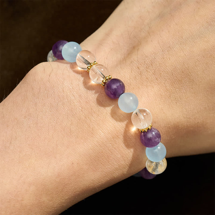 Buddha Stones Schutzarmband aus klaren Quarz-, Amethyst- und blauen Chalcedonperlen - image 4