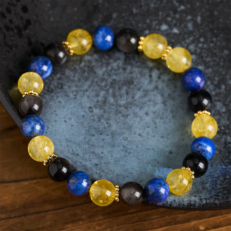 Buddha Stones Armband aus Lapislazuli, silberglänzendem Obsidian und Citrinperlen – Gelassenheit - image 3