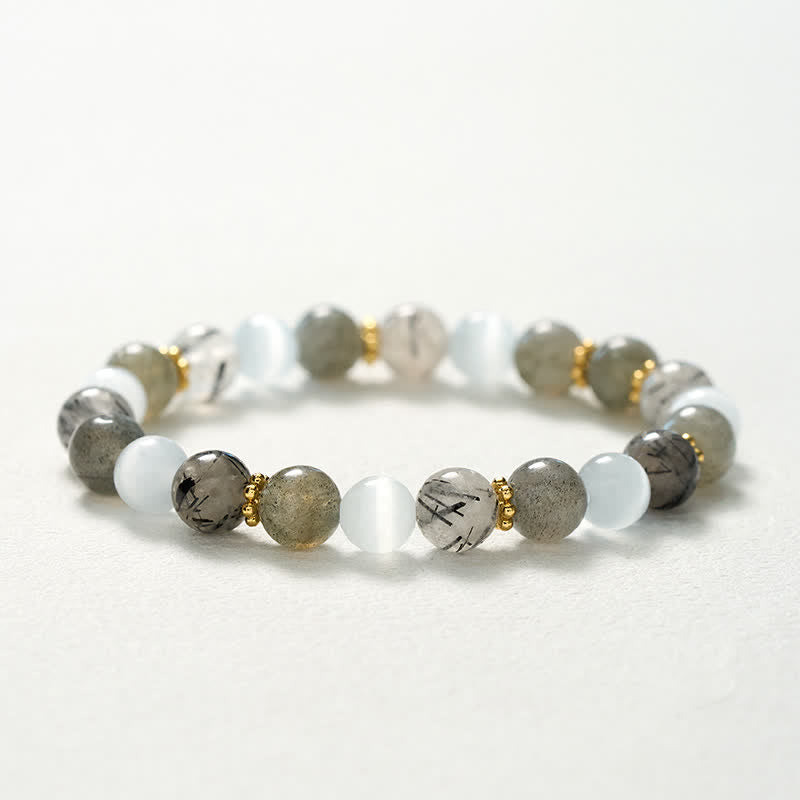 Buddha Stones Armband aus weißem Katzenaugen-Mondstein und schwarzen Rutilquarzperlen - image 10