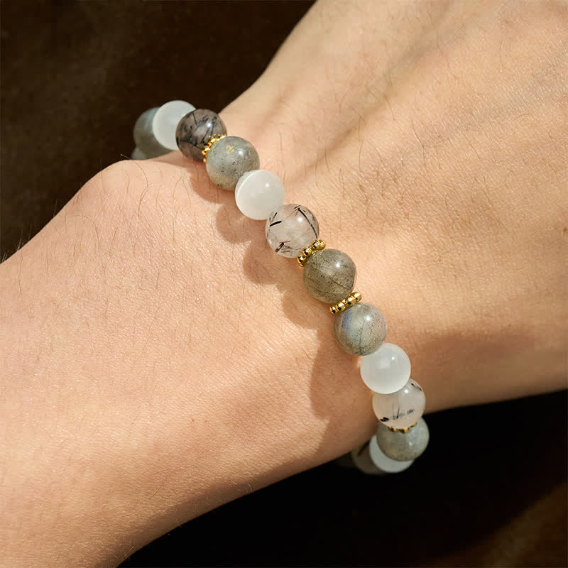Buddha Stones Armband aus weißem Katzenaugen-Mondstein und schwarzen Rutilquarzperlen - image 4