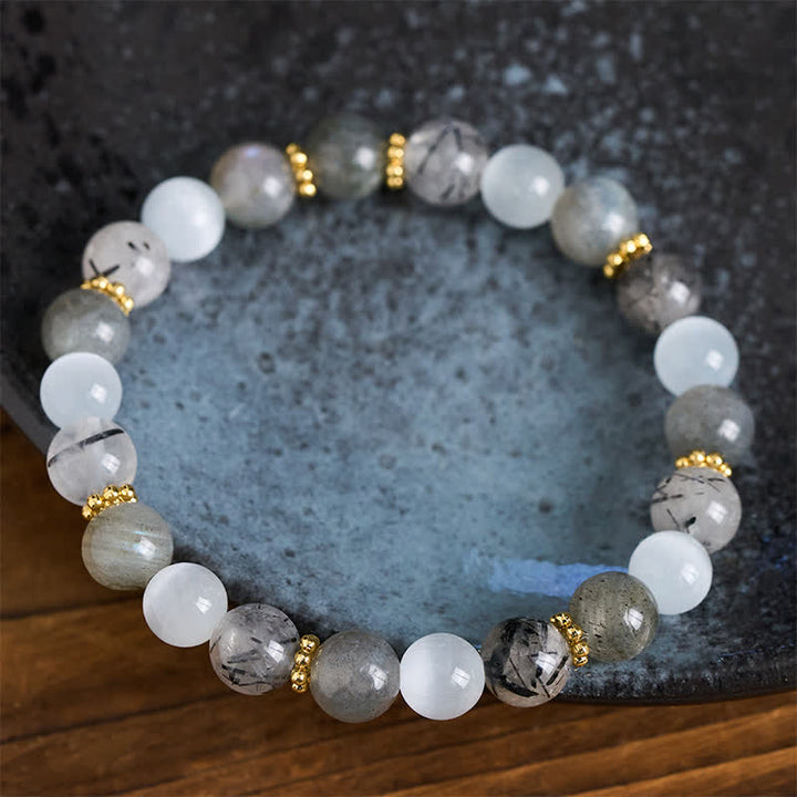 Buddha Stones Armband aus weißem Katzenaugen-Mondstein und schwarzen Rutilquarzperlen - image 3