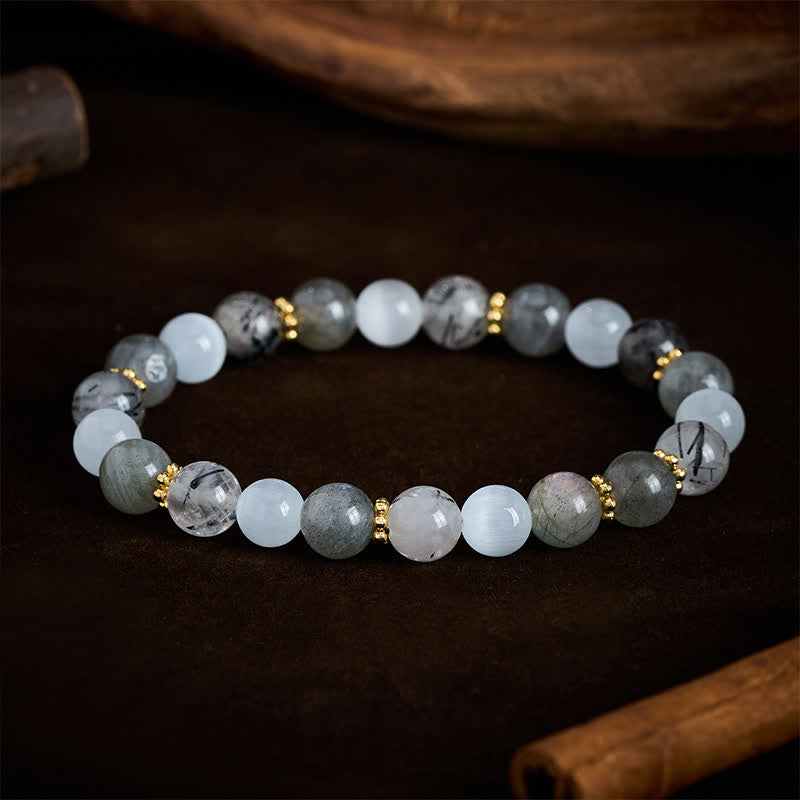 Buddha Stones Armband aus weißem Katzenaugen-Mondstein und schwarzen Rutilquarzperlen - image 2