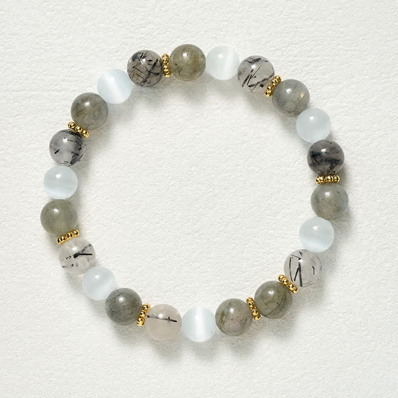 Buddha Stones Armband aus weißem Katzenaugen-Mondstein und schwarzen Rutilquarzperlen - image 9