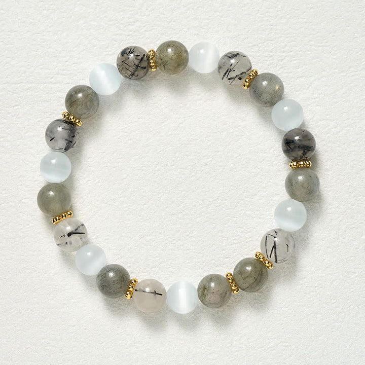 Buddha Stones Armband aus weißem Katzenaugen-Mondstein und schwarzen Rutilquarzperlen - image 9