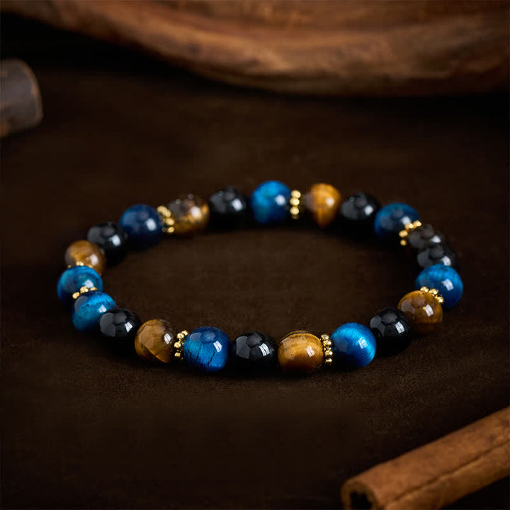 Buddha Stones Armband aus Tigerauge-Blau-Tigerauge-Schwarz-Obsidian-Perlen – Mut - image 2