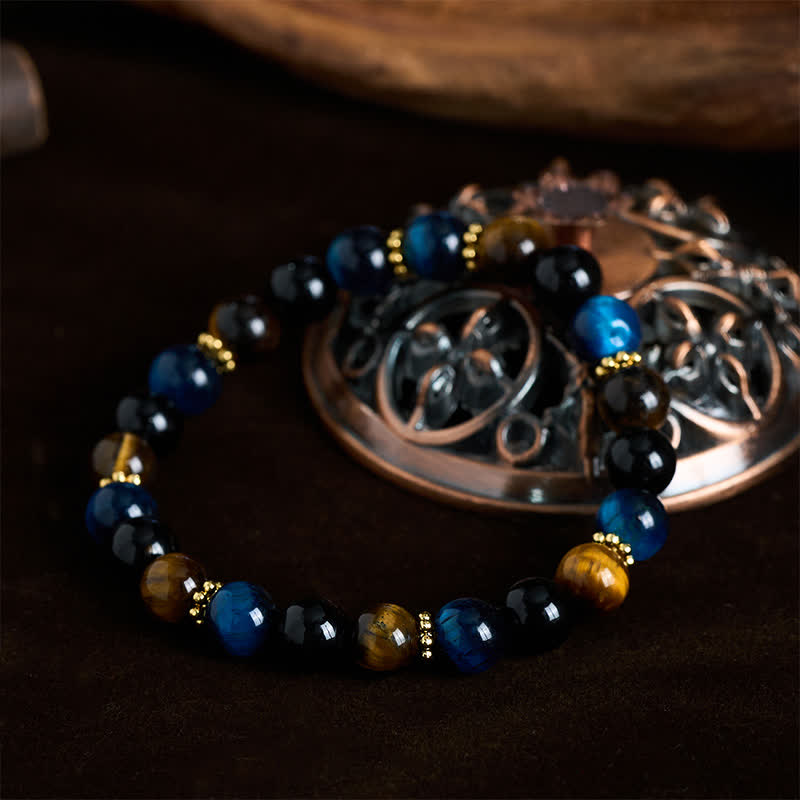 Buddha Stones Armband aus Tigerauge-Blau-Tigerauge-Schwarz-Obsidian-Perlen – Mut - image 1