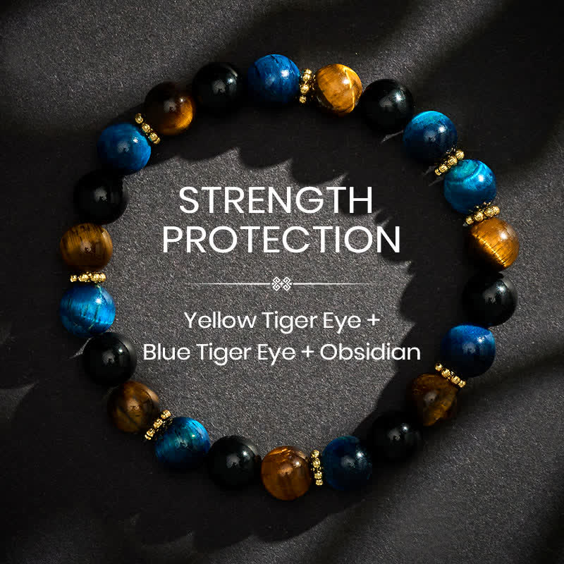 Buddha Stones Armband aus Tigerauge-Blau-Tigerauge-Schwarz-Obsidian-Perlen – Mut - 8 mm - image 0