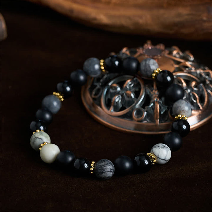 Buddha Stones Armband mit mattierten Steinperlen aus schwarzem Obsidian und grauem Jaspis - image 1