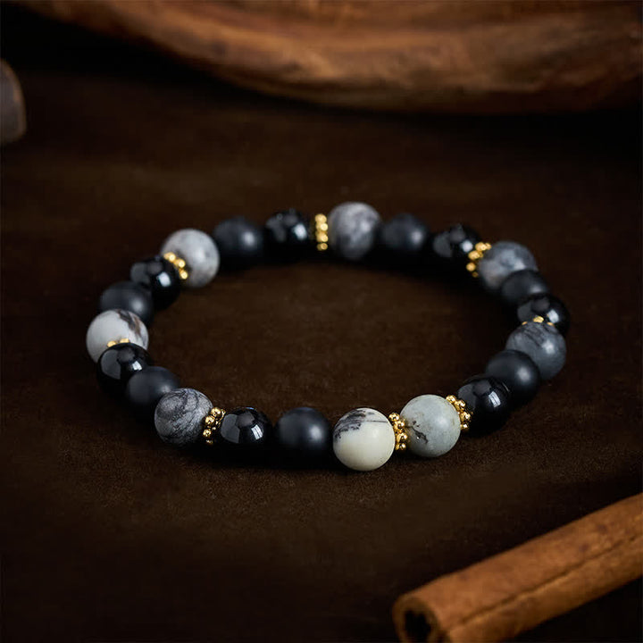 Buddha Stones Armband mit mattierten Steinperlen aus schwarzem Obsidian und grauem Jaspis - image 3
