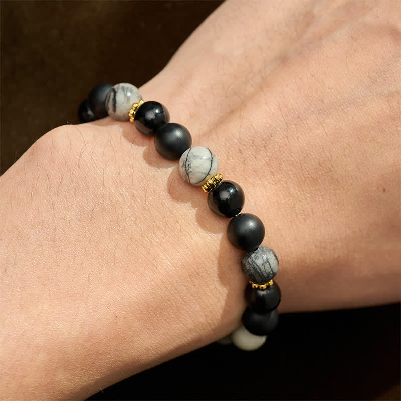 Buddha Stones Armband mit mattierten Steinperlen aus schwarzem Obsidian und grauem Jaspis - image 4