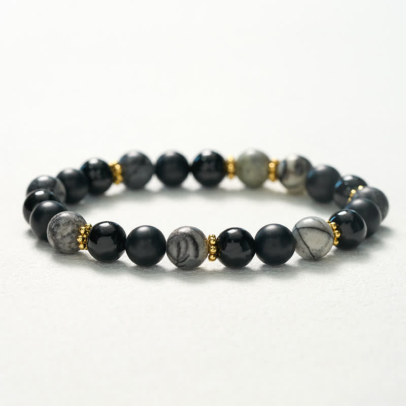 Buddha Stones Armband mit mattierten Steinperlen aus schwarzem Obsidian und grauem Jaspis - image 10