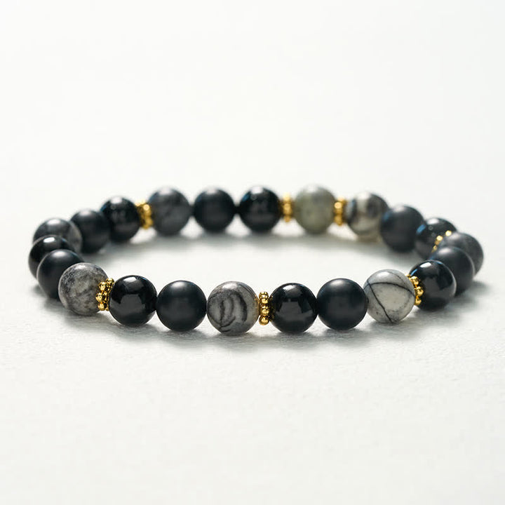 Buddha Stones Armband mit mattierten Steinperlen aus schwarzem Obsidian und grauem Jaspis - image 10
