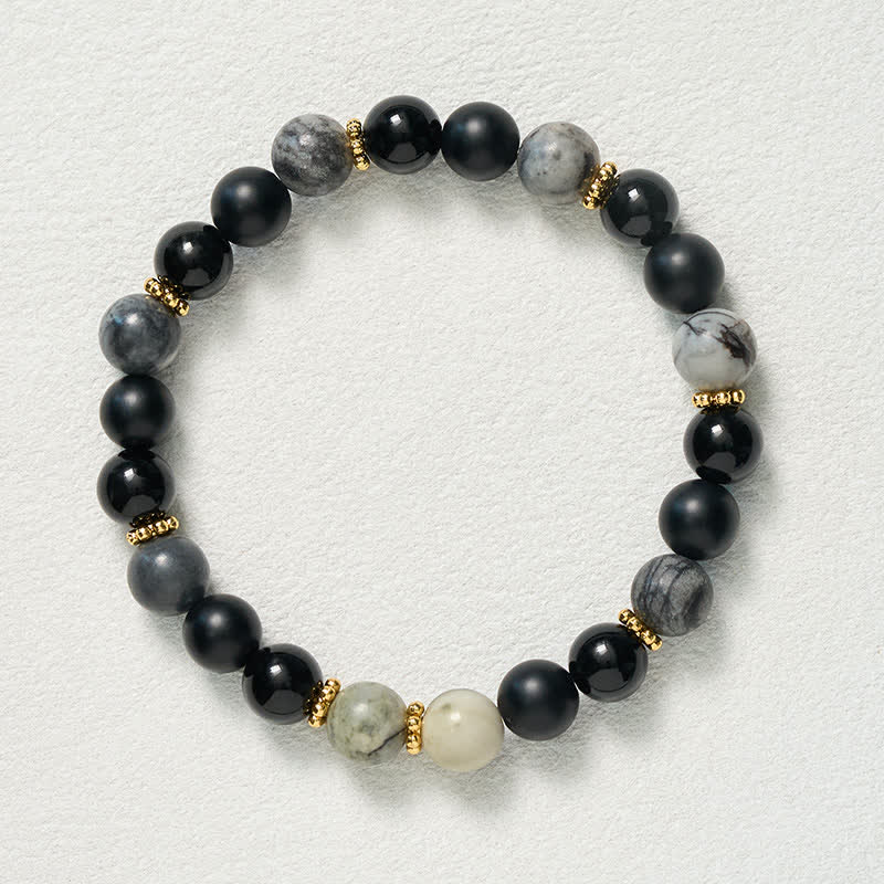Buddha Stones Armband mit mattierten Steinperlen aus schwarzem Obsidian und grauem Jaspis - image 9