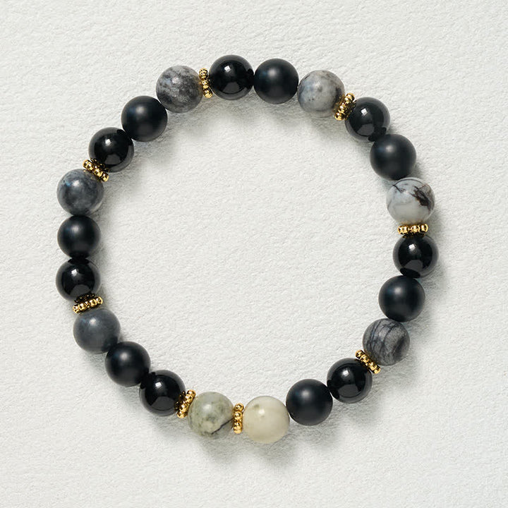 Buddha Stones Armband mit mattierten Steinperlen aus schwarzem Obsidian und grauem Jaspis - image 9