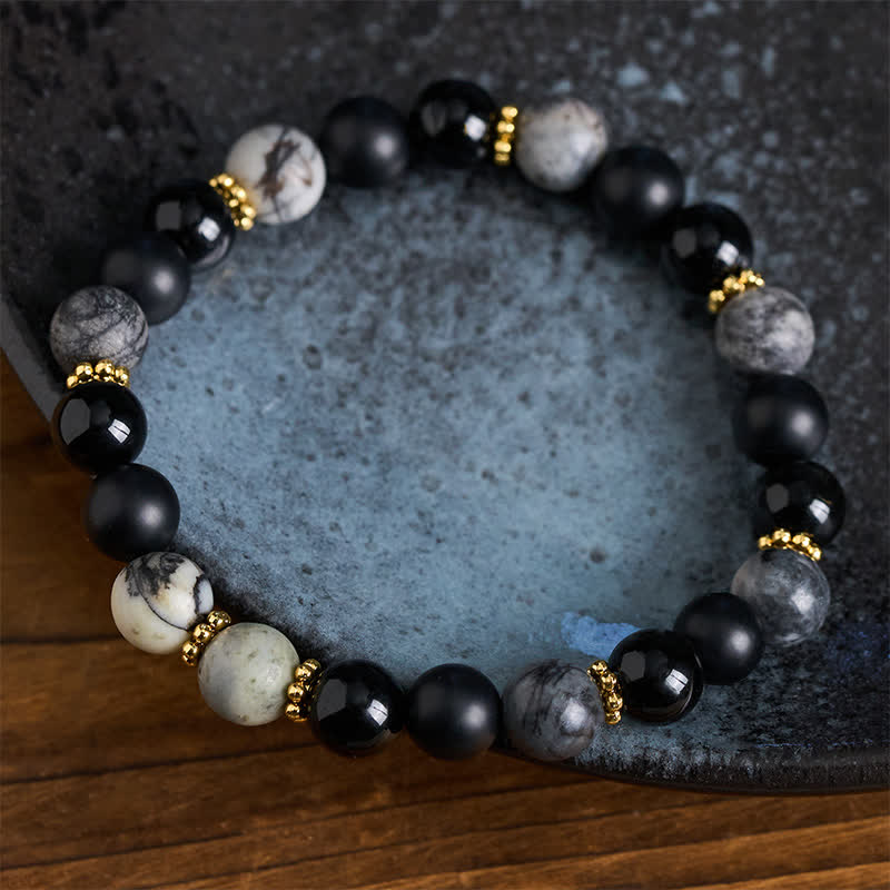Buddha Stones Armband mit mattierten Steinperlen aus schwarzem Obsidian und grauem Jaspis - image 2