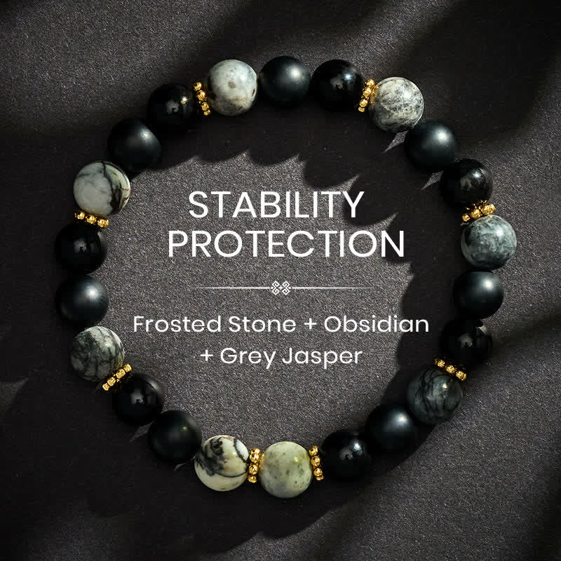 Buddha Stones Armband mit mattierten Steinperlen aus schwarzem Obsidian und grauem Jaspis - 8 mm - image 0