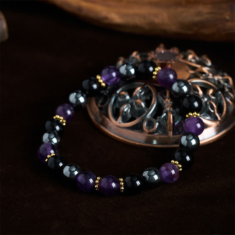 Buddha Stones Meditationsarmband aus Amethyst, schwarzem Obsidian und Hämatitperlen - image 1