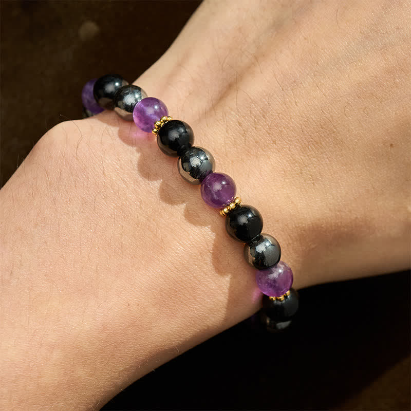 Buddha Stones Meditationsarmband aus Amethyst, schwarzem Obsidian und Hämatitperlen - image 4