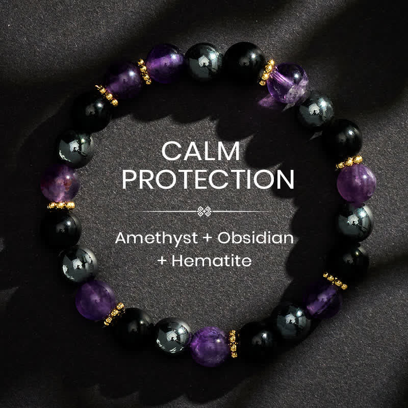 Buddha Stones Meditationsarmband aus Amethyst, schwarzem Obsidian und Hämatitperlen - 8 mm - image 0
